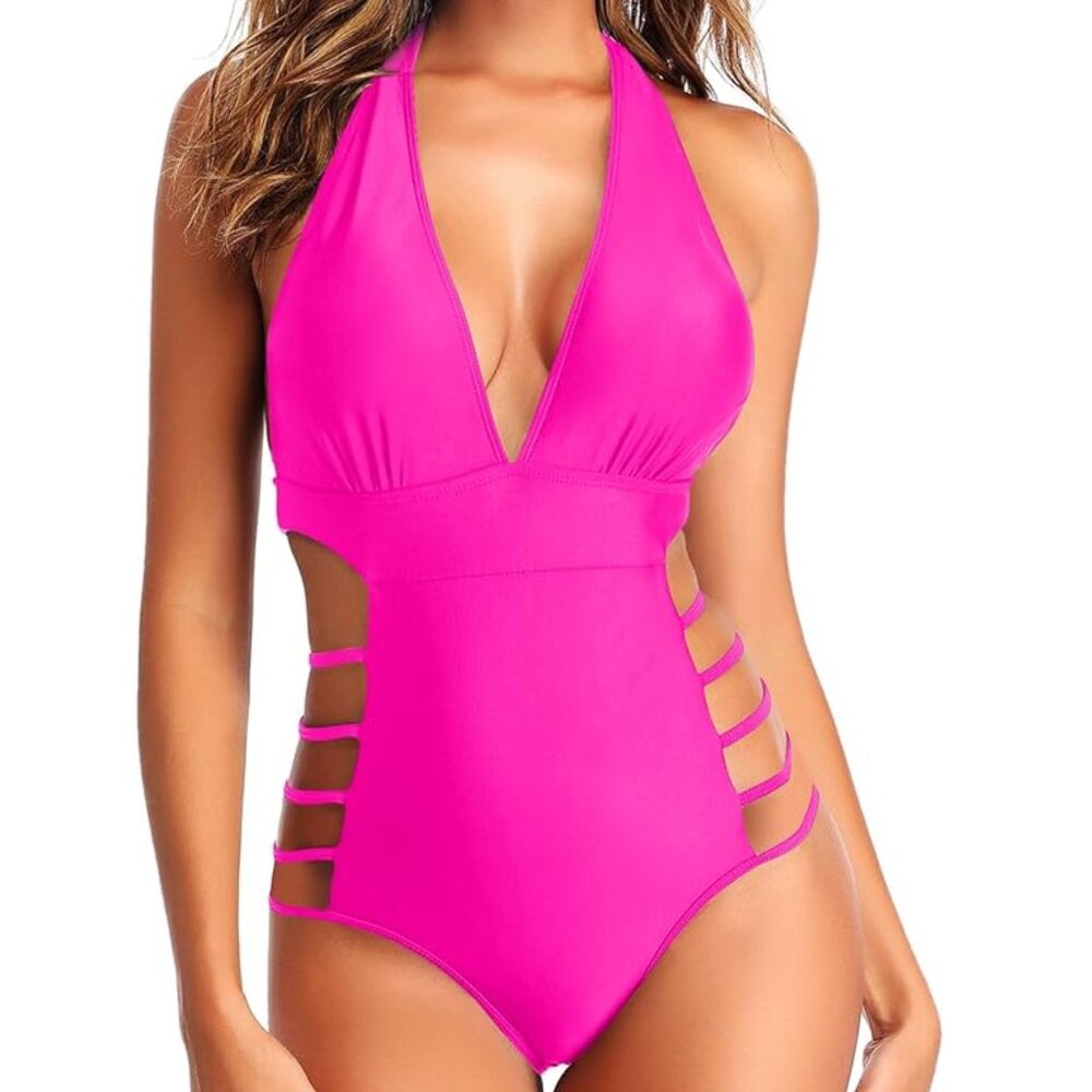 Plunge V Neck Halter Bathing Suit Cutout Monokini
